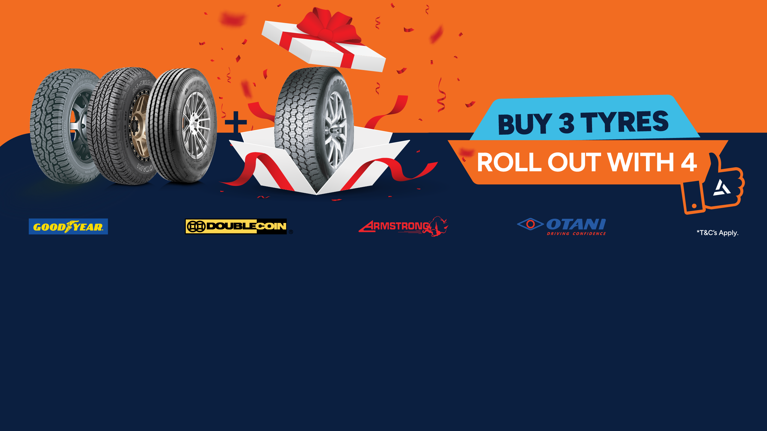 Promotional banner showing four car tyres with the message “Buy 3 Tyres, Roll Out with 4”. The fourth tyre is shown as a gift in an open box with ribbons. Logos for Goodyear, Double Coin, Armstrong, and Otani are displayed below. Terms and conditions apply.